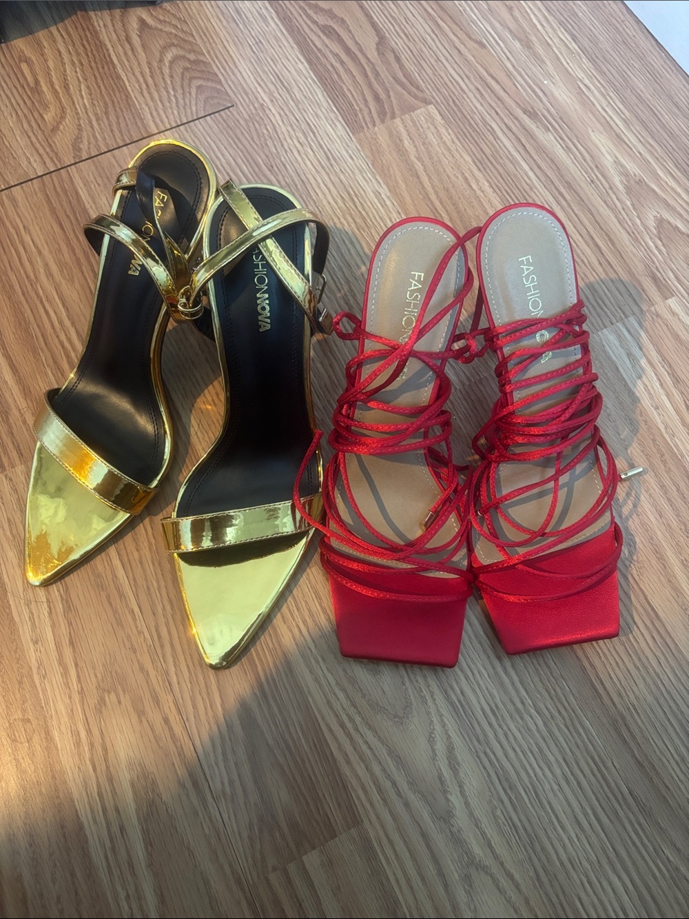 Fashion Nova Red Strappy Sandals & Fashion Nova Gold Metallic Heels